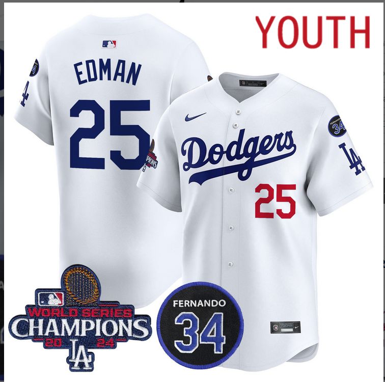 Youth MLB Los Angeles Dodgers 25 Edman white 2024 World Series Champions Patch Limited Jersey